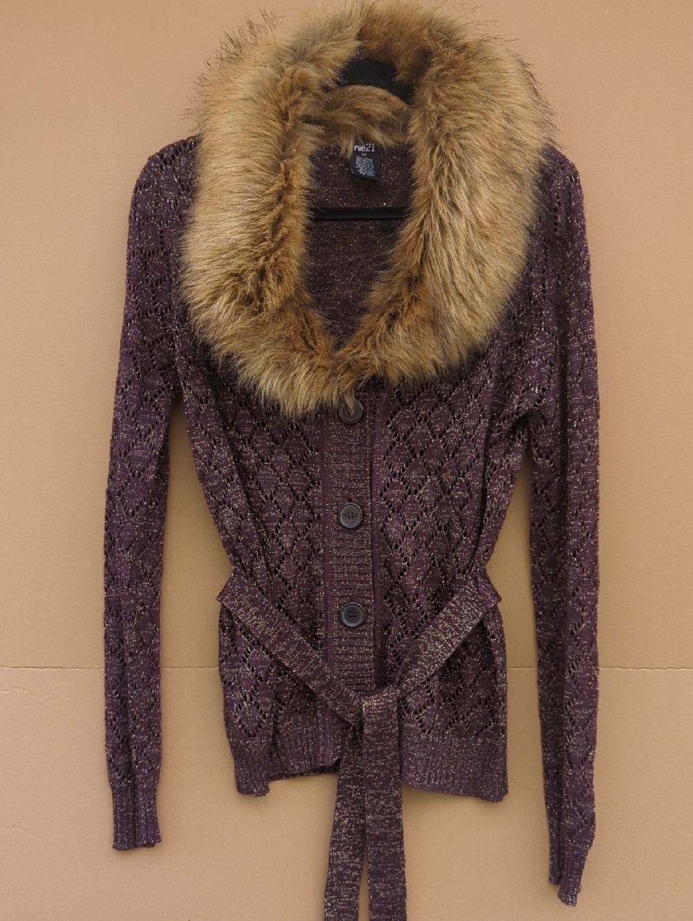 Rue21 Knit Belted Cardigan Faux Fur Collar Metallic Purple Large Outerwear Chic